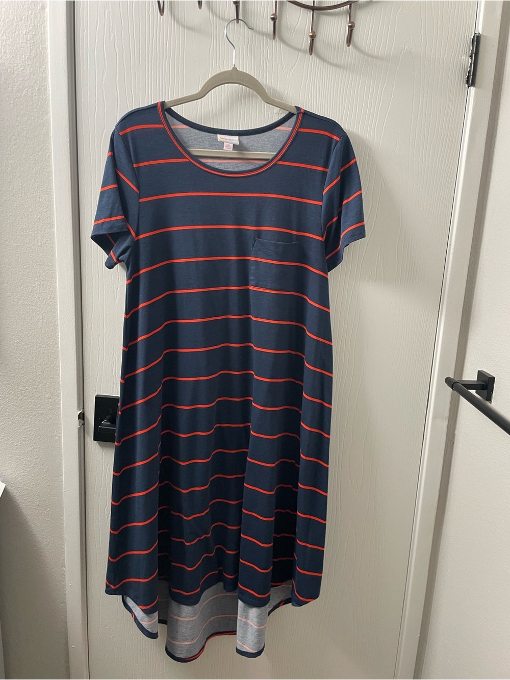 LuLaRoe Navy Tee Carly Swing Dress with Orange Stripes